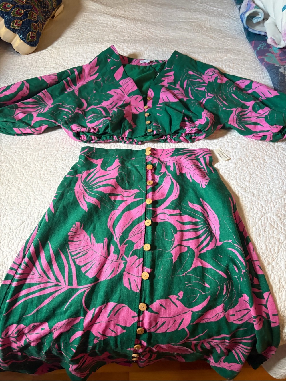 NEW! Maison d’ Amelie Green & Pink linen midi Skirt Set S Small NWT! - Picture 2 of 11